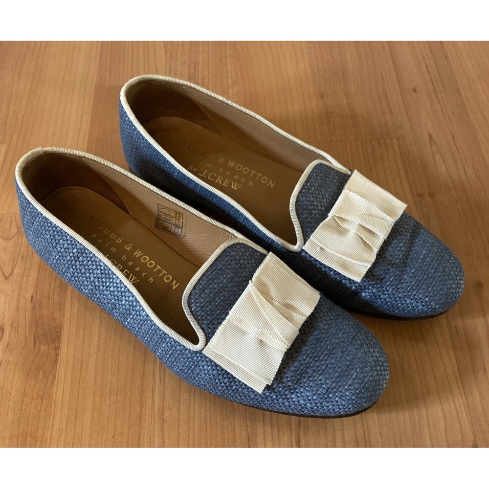 Stubbs & Wootton Palm Beach Loafers Flats Bow Slip-On Ivory Blue Size 8 Spain